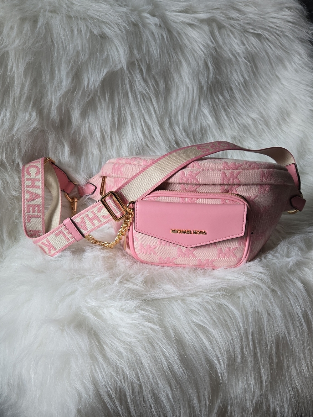 Michael Kors Pink Logo Crossbody Belt Bag with Gold Hardware